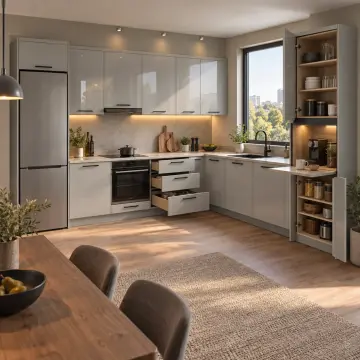 Arviona İnci Gri High Gloss Katlanır Servis Dolaplı Sağ L Mutfak Dolabı