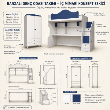 Klasik Masalı Ranza ve 2 Kapılı Gardrop