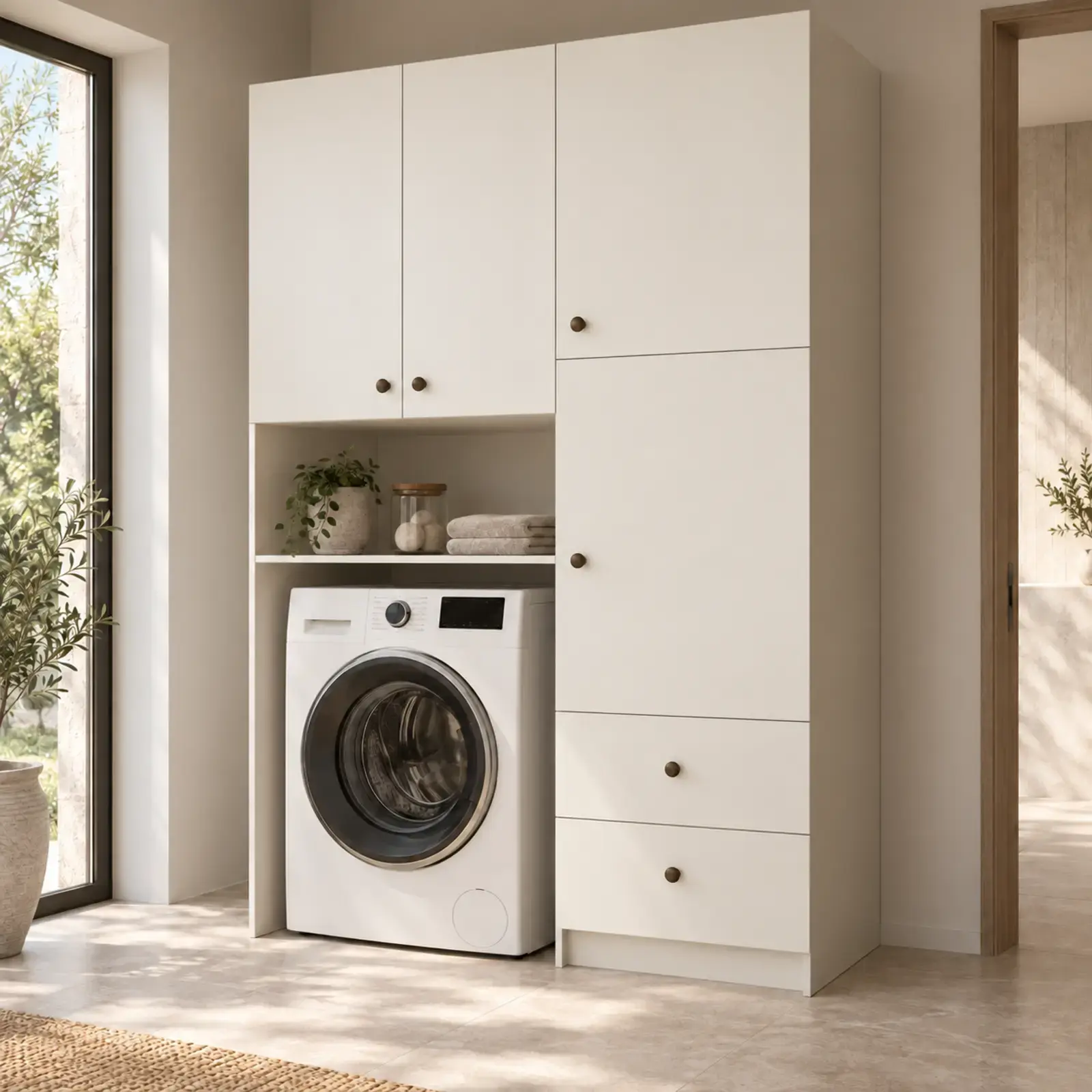 Torvella Düz MDF Çamaşır Makinesi ve Çekmeceli Boy Dolabı 140 cm