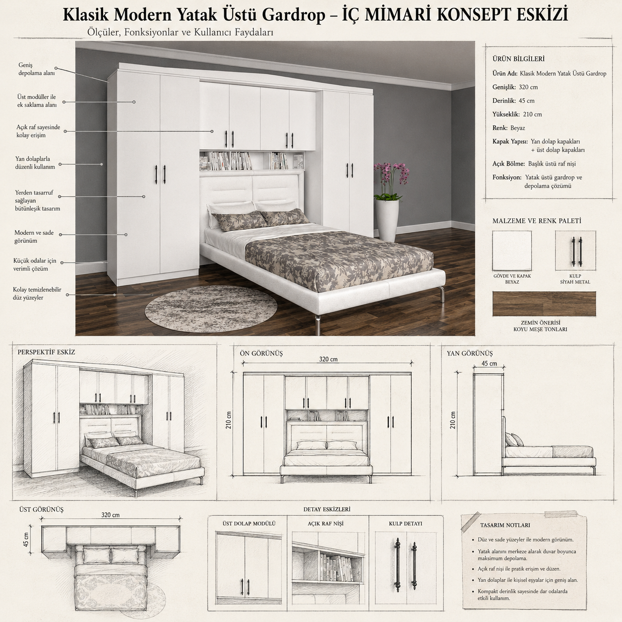 Klasik Modern Yatak Üstü Gardrop Turgay Usta ölçülü eskiz Ölçüler dış gövde ölçüleridir. Görseldeki dekoratif ürünler fiyata dahil değildir.
