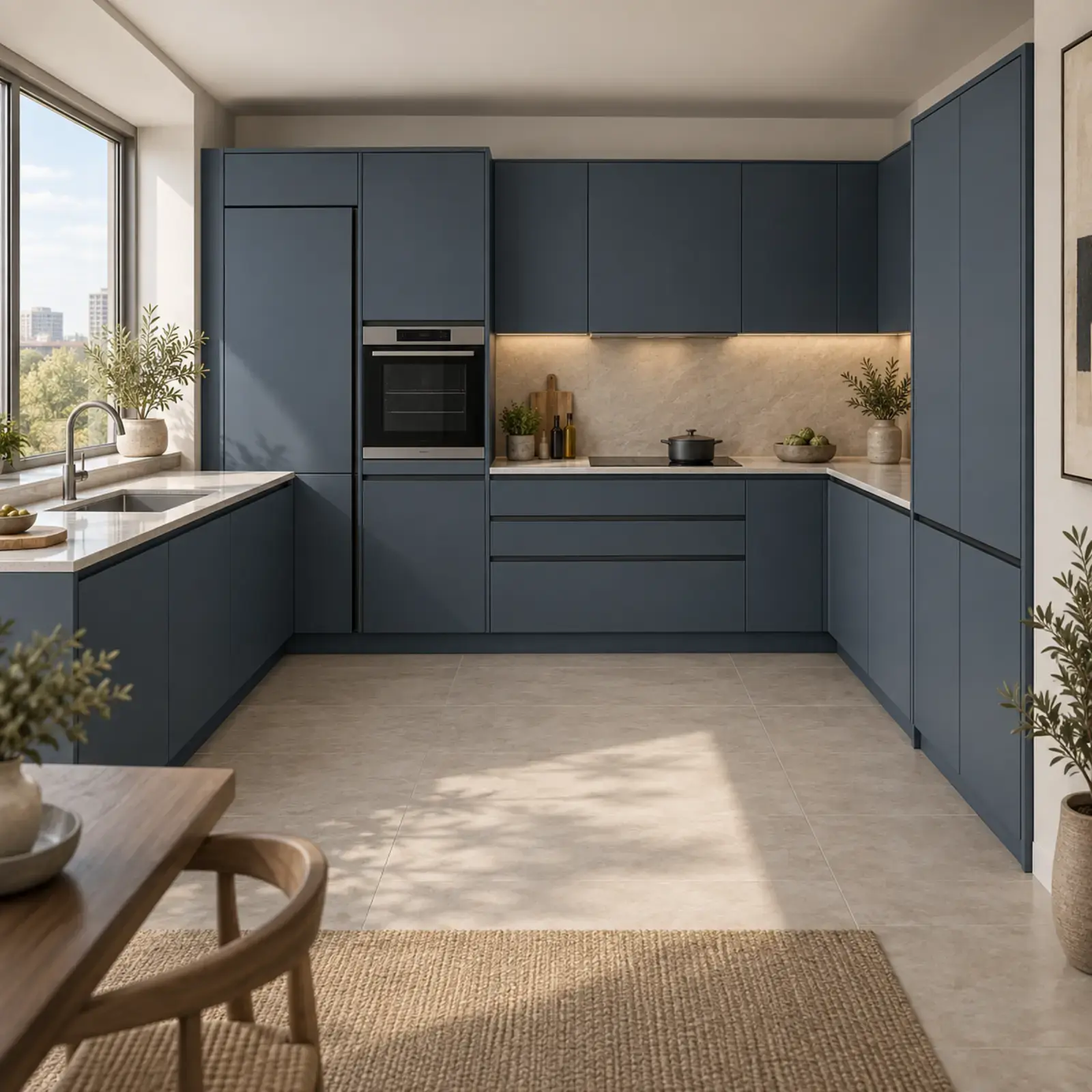 Gervina RAL 5008 Lake Cep Kapaklı Fırın İstasyonlu U Mutfak Dolabı