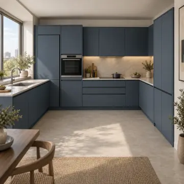Gervina RAL 5008 Lake Cep Kapaklı Fırın İstasyonlu U Mutfak Dolabı