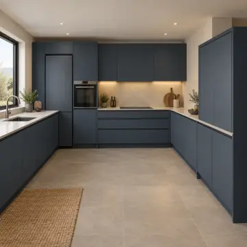 Gervina RAL 5008 Lake Cep Kapaklı Fırın İstasyonlu U Mutfak Dolabı