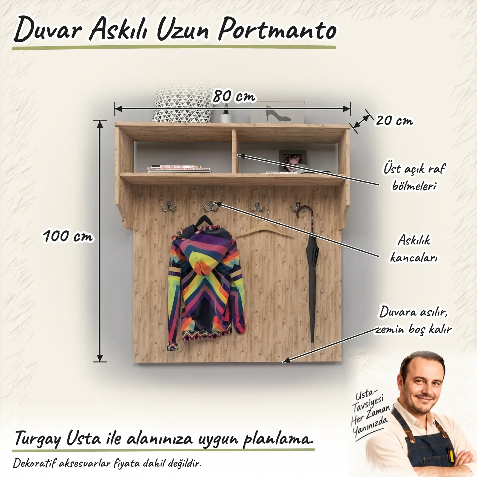 Duvar Askılı Uzun Portmanto ölçülü Turgay Usta eskizi