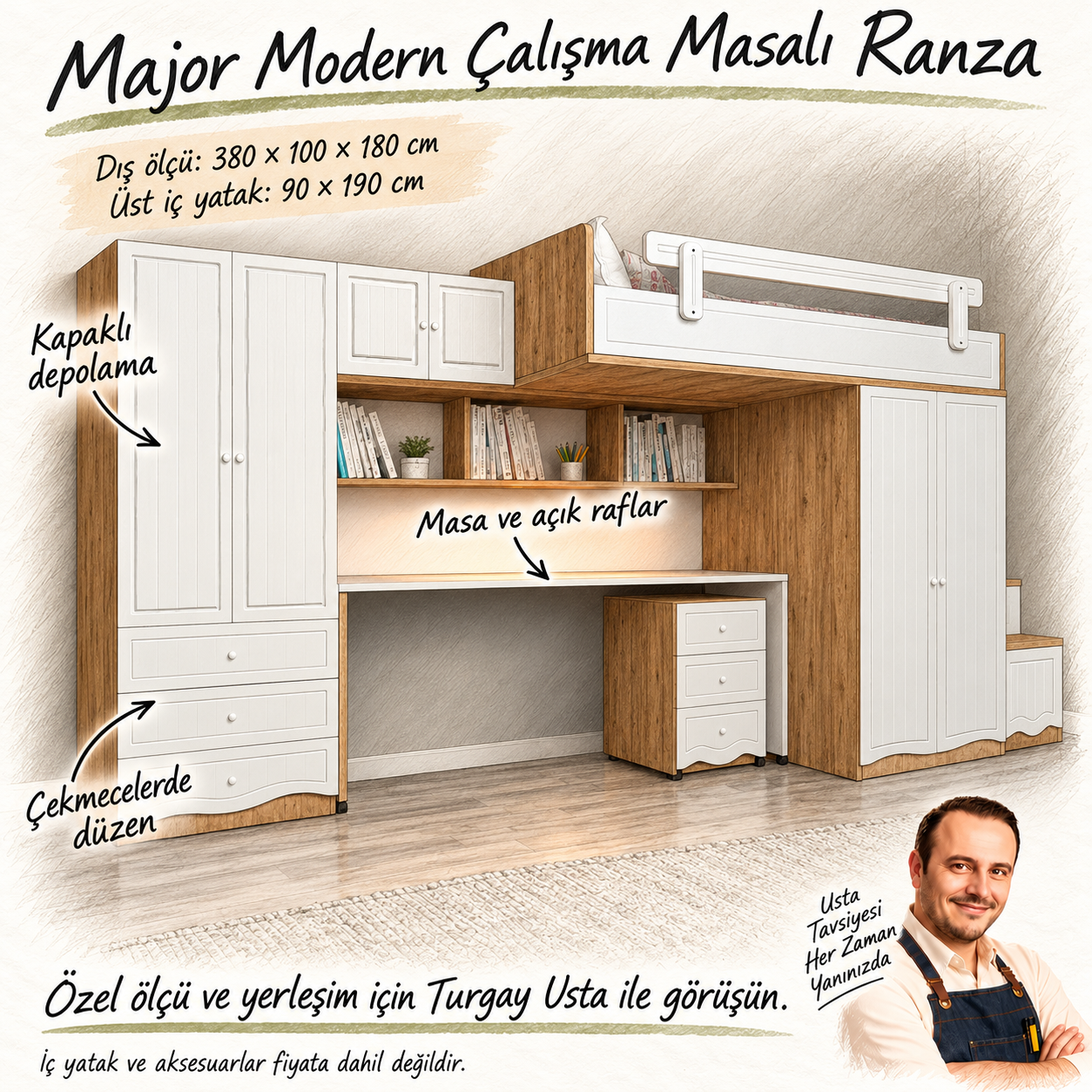 Major Modern Çalışma Masalı Ranza 380 × 100 × 180 cm ölçüleri ve kullanım faydaları; Turgay Usta eskizi