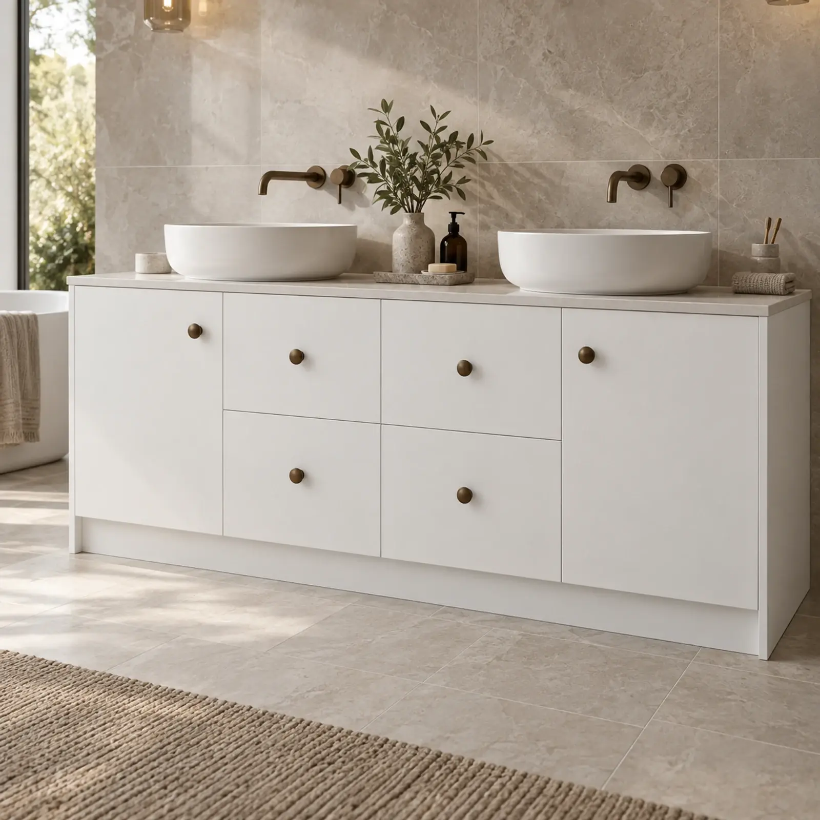 Dorevya Düz MDF Çift Lavabolu Çekmeceli Banyo Dolabı 160 cm
