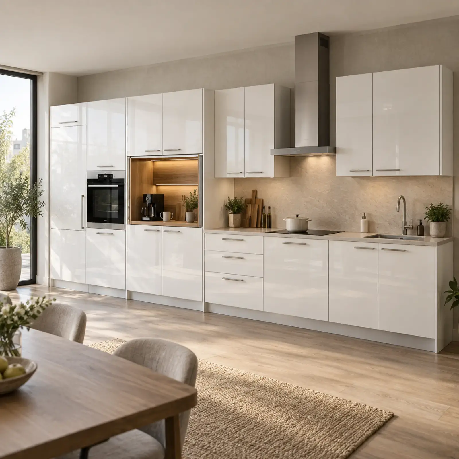 Melyora Sis Beyazı High Gloss Cep Kapaklı Kahvaltı İstasyonlu Düz Mutfak Dolabı