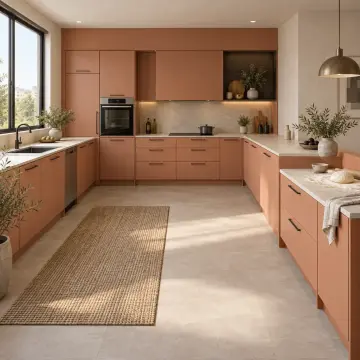 Olyena RAL 3012 Lake Alçaltılmış Hamur Hazırlık Bankolu U Mutfak Dolabı