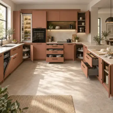 Olyena RAL 3012 Lake Alçaltılmış Hamur Hazırlık Bankolu U Mutfak Dolabı