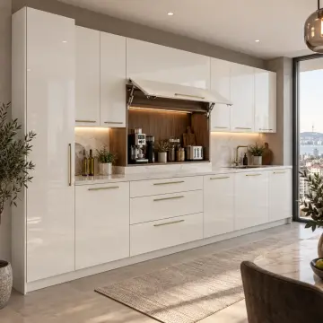 Relyona İnci Beyaz High Gloss Yukarı Kalkar Kapaklı Cihaz Garajlı Düz Mutfak Dolabı