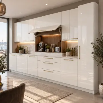 Relyona İnci Beyaz High Gloss Yukarı Kalkar Kapaklı Cihaz Garajlı Düz Mutfak Dolabı