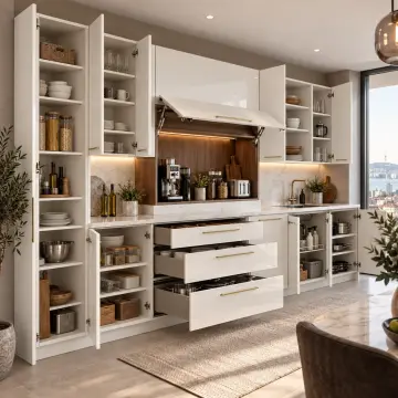 Relyona İnci Beyaz High Gloss Yukarı Kalkar Kapaklı Cihaz Garajlı Düz Mutfak Dolabı