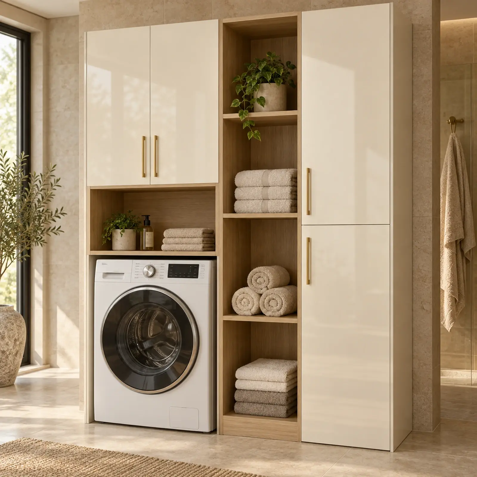 Virelya High Gloss Çamaşır Makinesi, Açık Raf Kulesi ve Boy Dolabı 170 cm