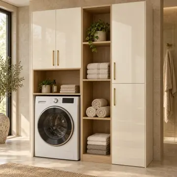 Virelya High Gloss Çamaşır Makinesi, Açık Raf Kulesi ve Boy Dolabı 170 cm