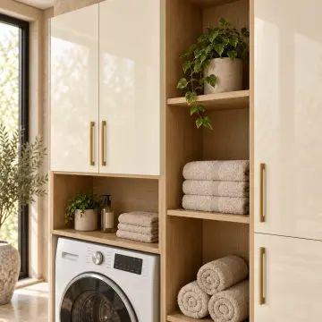 Virelya High Gloss Çamaşır Makinesi, Açık Raf Kulesi ve Boy Dolabı 170 cm