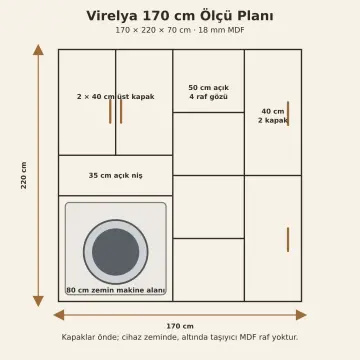 Virelya High Gloss Çamaşır Makinesi, Açık Raf Kulesi ve Boy Dolabı 170 cm