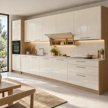 Yelvona Kırık Beyaz High Gloss Gizli Priz Panolu Düz Mutfak Dolabı
