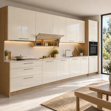 Yelvona Kırık Beyaz High Gloss Gizli Priz Panolu Düz Mutfak Dolabı
