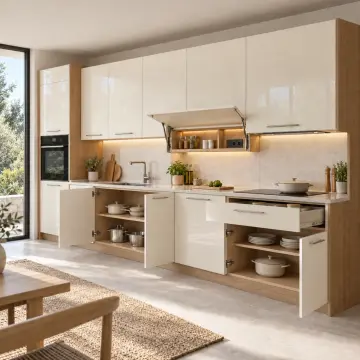 Yelvona Kırık Beyaz High Gloss Gizli Priz Panolu Düz Mutfak Dolabı