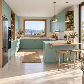 Almerya RAL 6034 Lake Açılır Bar Tezgâhlı Yarımadalı U Mutfak Dolabı