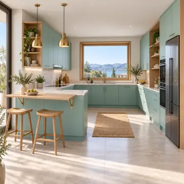 Almerya RAL 6034 Lake Açılır Bar Tezgâhlı Yarımadalı U Mutfak Dolabı
