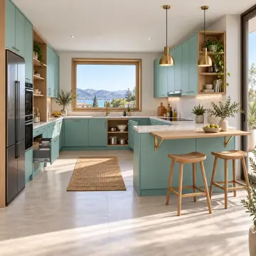 Almerya RAL 6034 Lake Açılır Bar Tezgâhlı Yarımadalı U Mutfak Dolabı