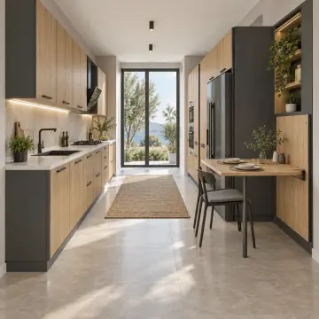Bervona Doğal Meşe MDF Katlanır Masa Panolu Paralel Mutfak Dolabı
