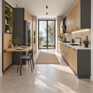 Bervona Doğal Meşe MDF Katlanır Masa Panolu Paralel Mutfak Dolabı