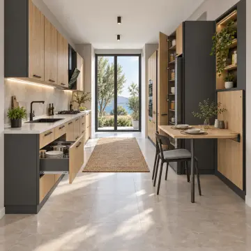 Bervona Doğal Meşe MDF Katlanır Masa Panolu Paralel Mutfak Dolabı