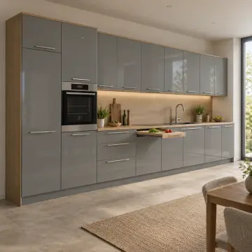 Calyena Sis Gri High Gloss Çekilir Kesme Tablalı Düz Mutfak Dolabı