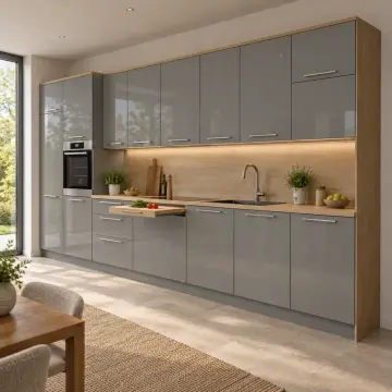 Calyena Sis Gri High Gloss Çekilir Kesme Tablalı Düz Mutfak Dolabı