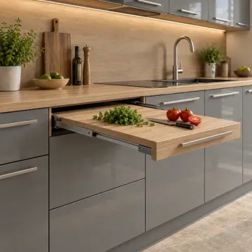 Calyena Sis Gri High Gloss Çekilir Kesme Tablalı Düz Mutfak Dolabı