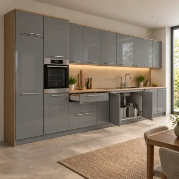 Calyena Sis Gri High Gloss Çekilir Kesme Tablalı Düz Mutfak Dolabı