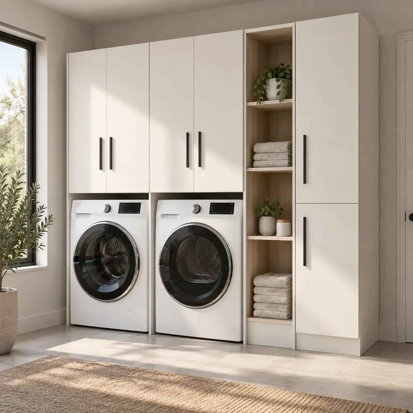 Zorevya Düz MDF Yan Yana Makine, Açık Havlu Kulesi ve Temizlik Dolabı 220 cm