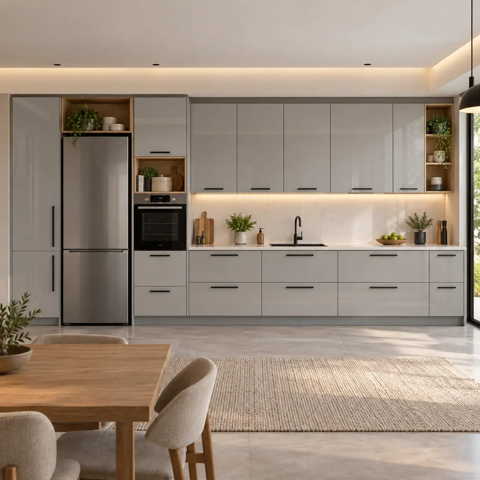Galyora Buz Gri High Gloss Çekilir Ekmek İstasyonlu Düz Mutfak Dolabı