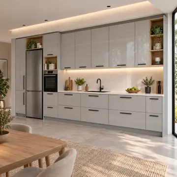 Galyora Buz Gri High Gloss Çekilir Ekmek İstasyonlu Düz Mutfak Dolabı