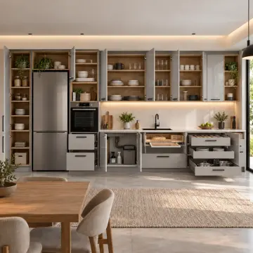 Galyora Buz Gri High Gloss Çekilir Ekmek İstasyonlu Düz Mutfak Dolabı
