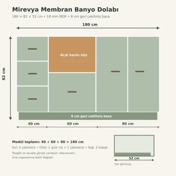 Mirevya Membran Havlu Nişli Çekmeceli Banyo Dolabı 180 cm