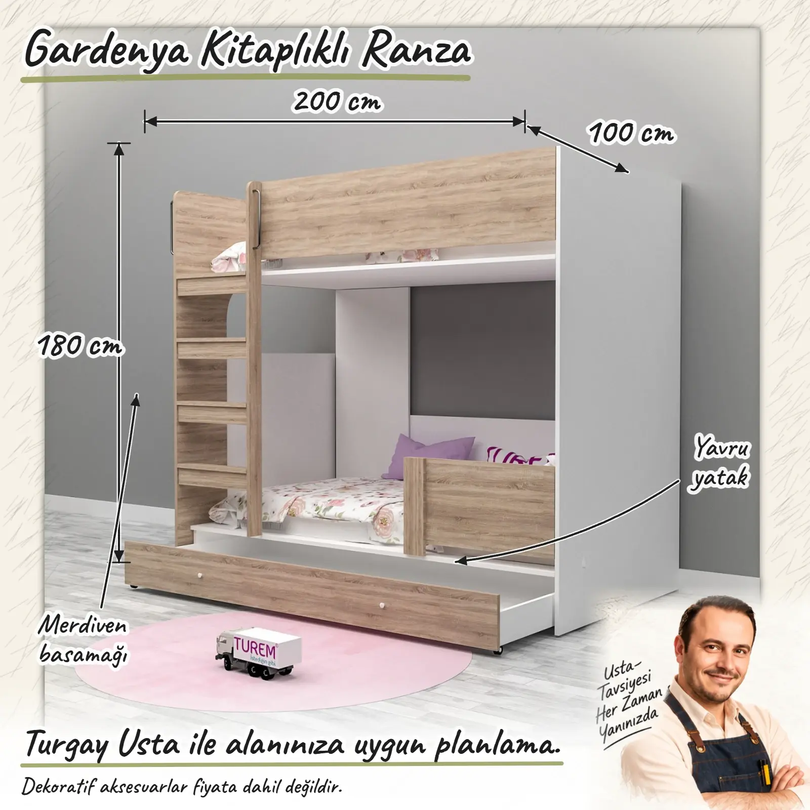 Gardenya Kitaplıklı Ranza Turgay Usta ölçülü eskiz