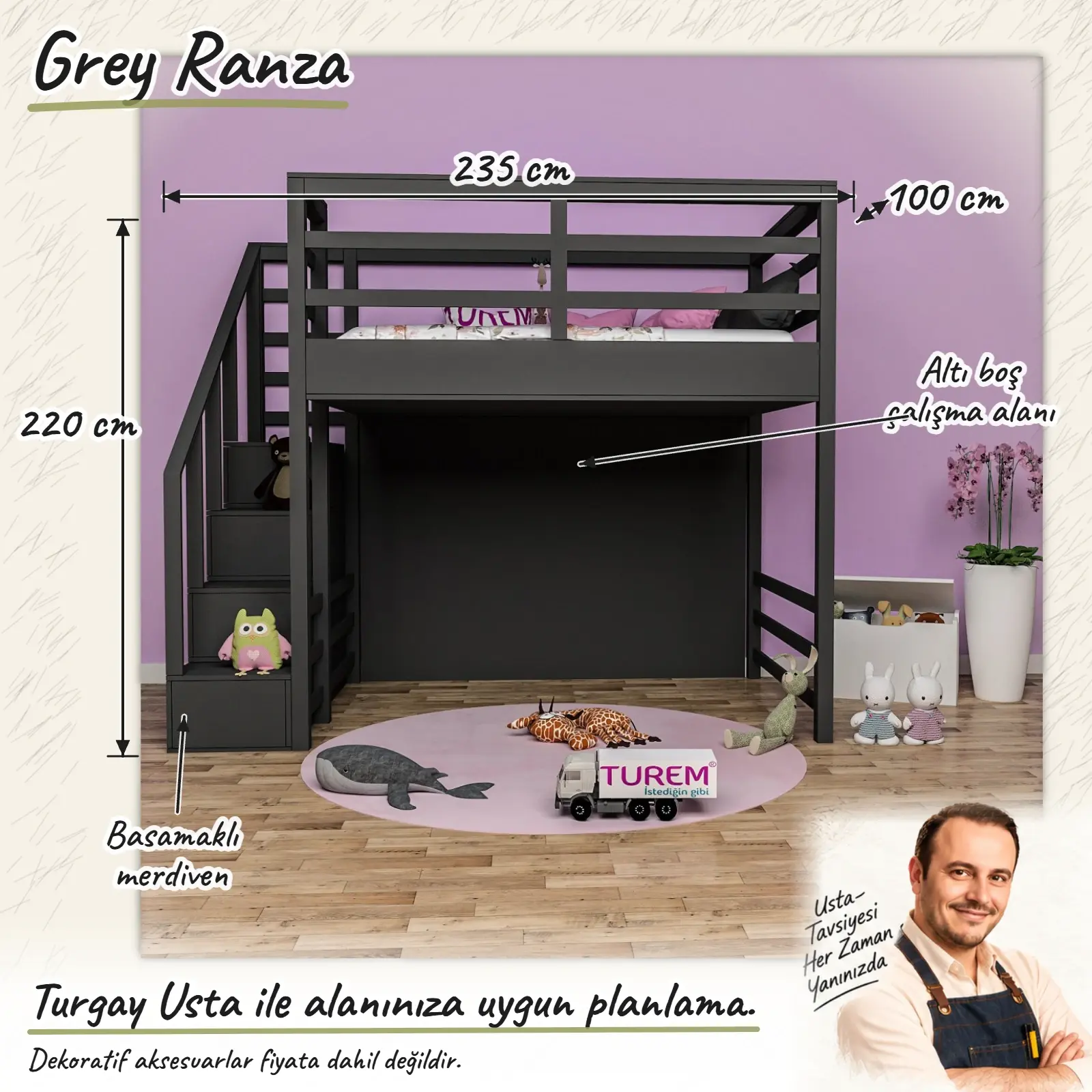 Grey Ranza Turgay Usta ölçülü eskiz 235x100x220 cm