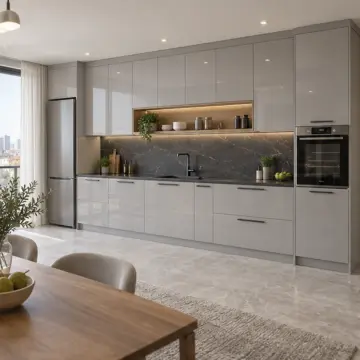 Selyora İnci Gri High Gloss Çekilir Kağıt Havluluklu Düz Mutfak Dolabı