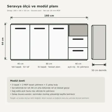 Seravya Düz MDF Asma Havlu Nişli Banyo Dolabı 160 cm