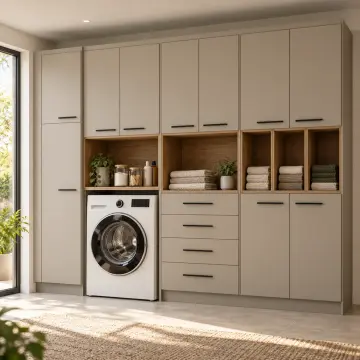 Tirelvora Düz MDF Tek Makineli, Dört Çekmeceli, Temizlik ve Tekstil Bölmeli Servis Dolabı 260 cm