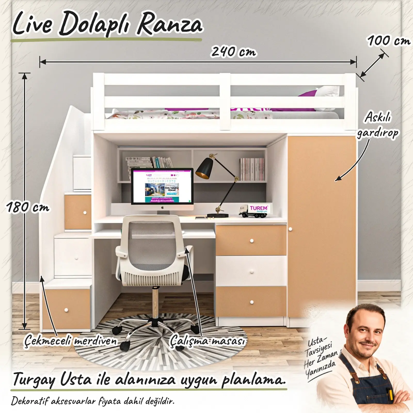 Live Dolaplı Ranza ölçülü Turgay Usta eskizi 240x100x180 cm