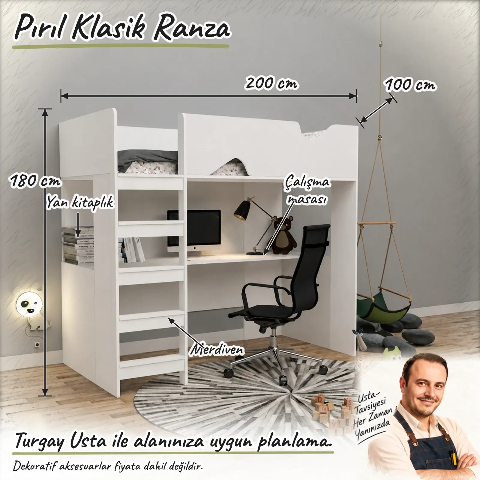 Pırıl Klasik Ranza ölçülü Turgay Usta eskizi 200x100x180 cm