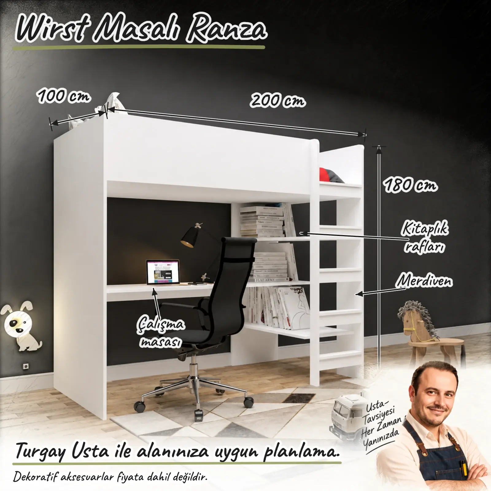 Wirst Masalı Ranza ölçülü Turgay Usta eskizi 200x100x180 cm