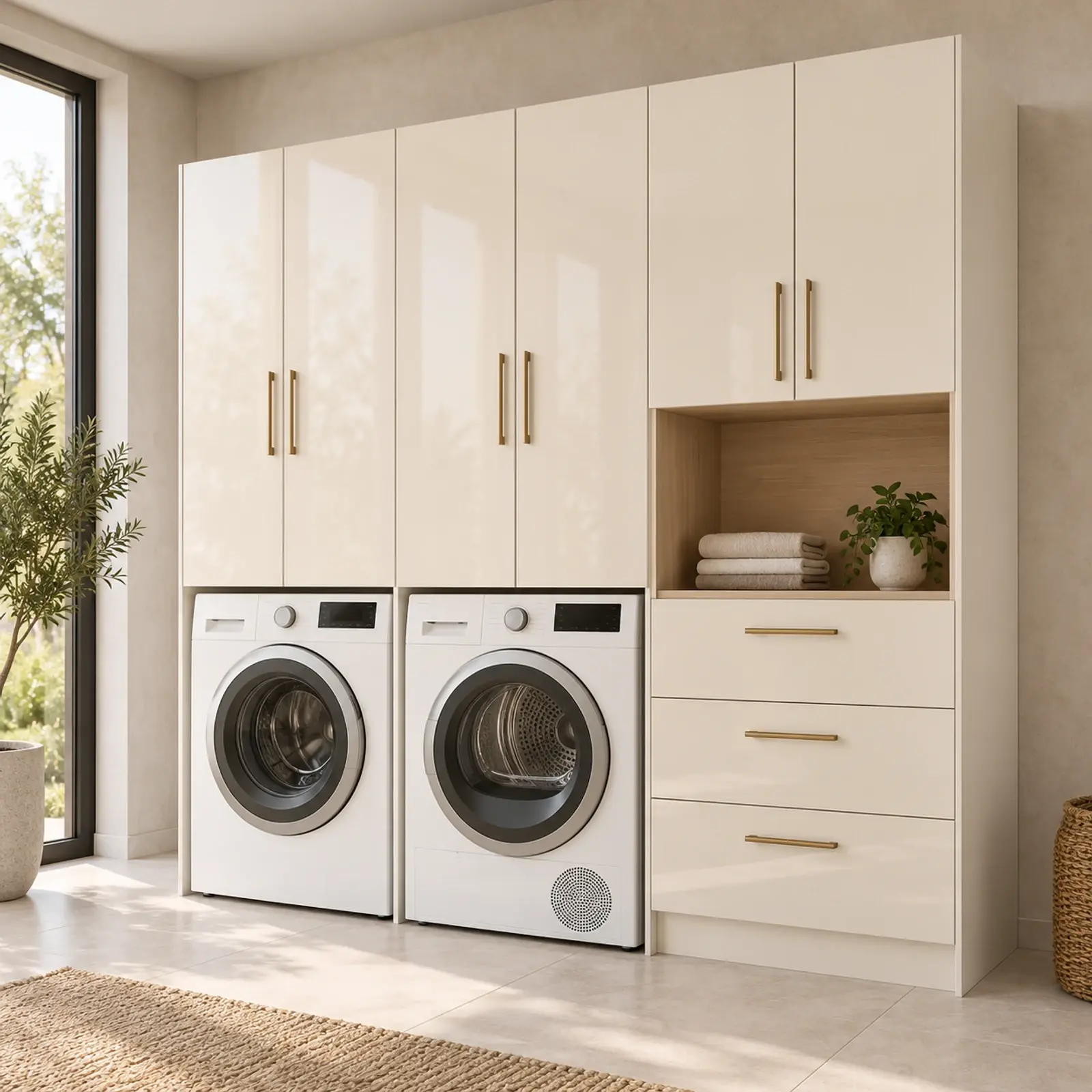 Tirvessa High Gloss Yan Yana Makine, Katlama Nişi ve Çekmeceli Kule 210 cm