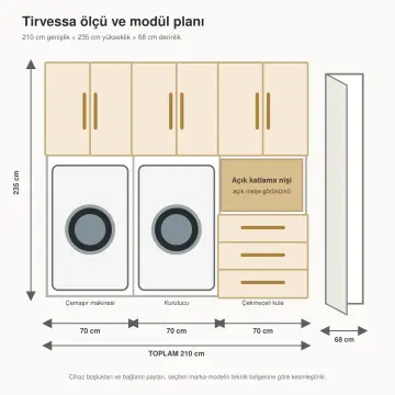 Tirvessa High Gloss Yan Yana Makine, Katlama Nişi ve Çekmeceli Kule 210 cm