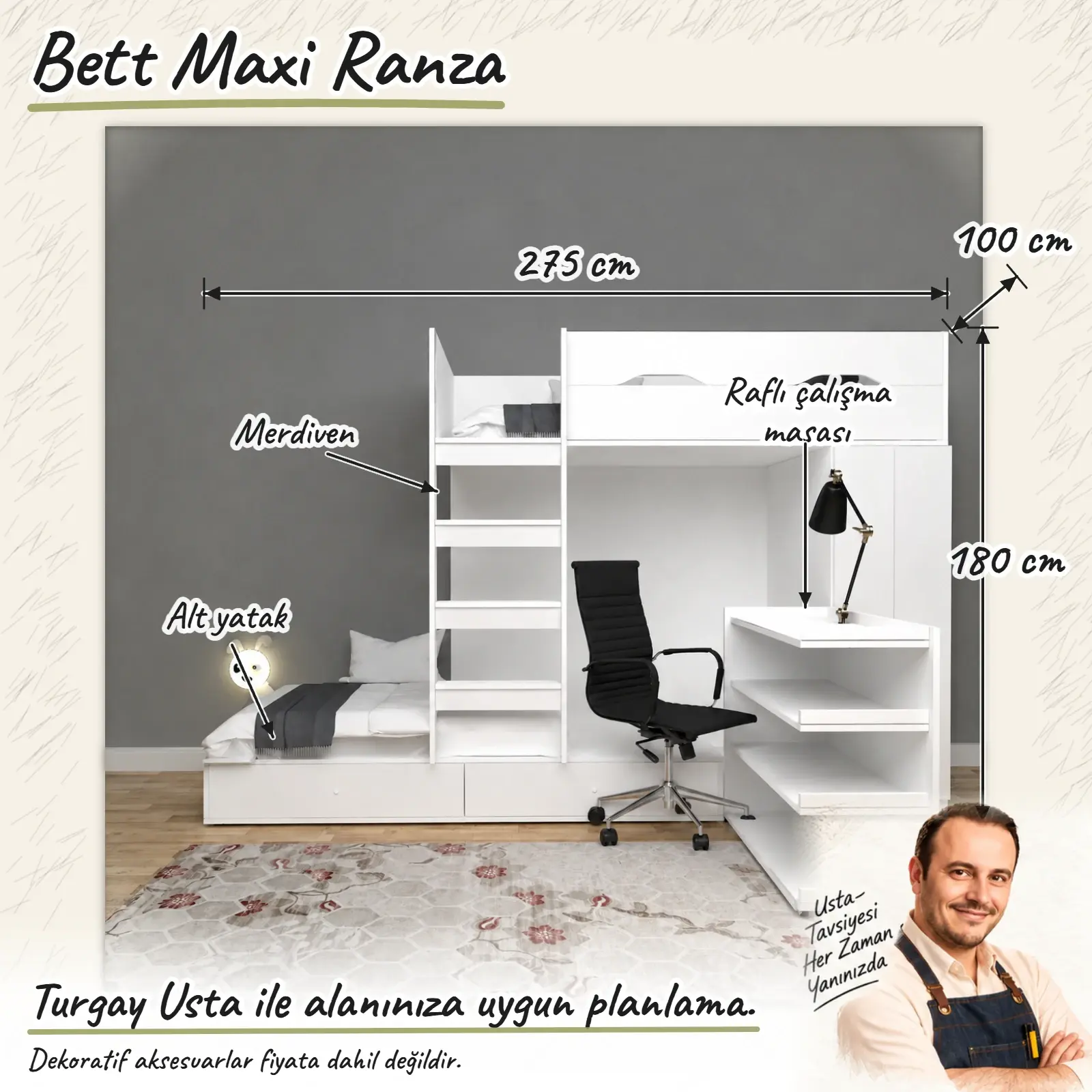 Bett Maxi Ranza ölçülü Turgay Usta eskizi 275x100x180 cm