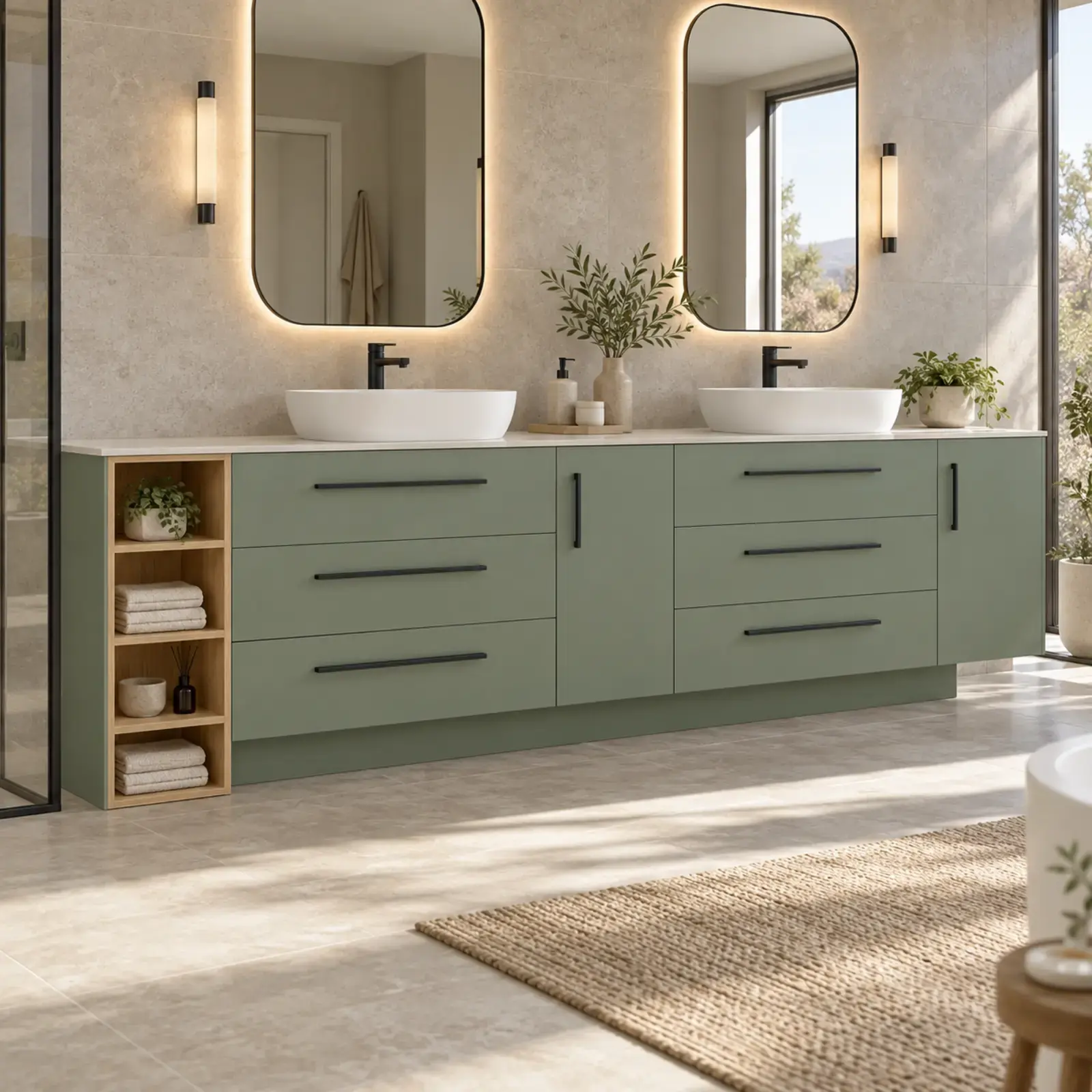 Urelvissa Membran Çift Lavabolu, Altı Çekmeceli ve Açık Havlu Gözlü Banyo Dolabı 260 cm